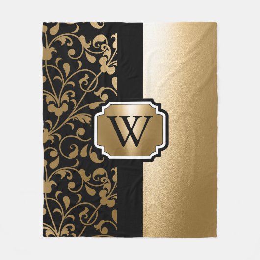 Zwart en Gouden  Bloemen Fleece Deken (Voorkant)