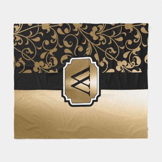 Zwart en Gouden  Bloemen Fleece Deken (Voorkant (Horizontaal))