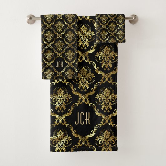 Zwart En Gouden Bloemendamask Monogram Bad Handdoek (Insitu)