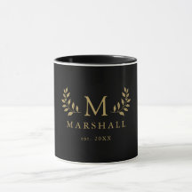Zwart en gouden bloemenmonogram familienaam mok
