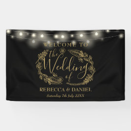 Zwart en gouden bloemenslingergeschrift bruiloft spandoek