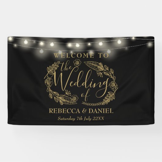 Zwart en gouden bloemenslingergeschrift bruiloft spandoek (Horizontaal)
