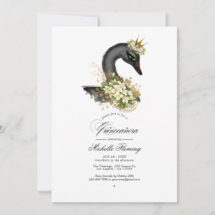 Zwart en gouden bloemige zwaan Quinceañera-foto Kaart