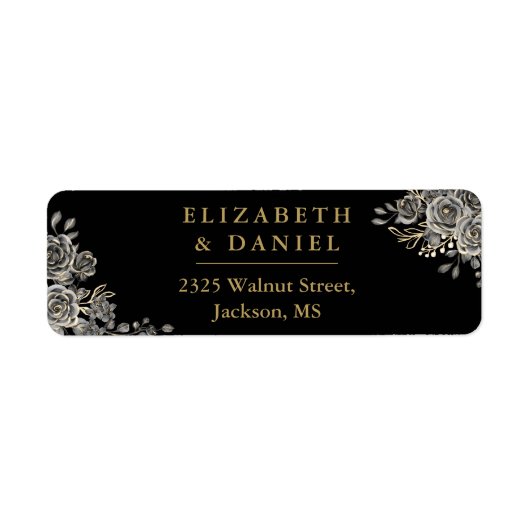 Zwart En Gouden Bloemrozen Gotische Retouradres Etiket (Voorkant)