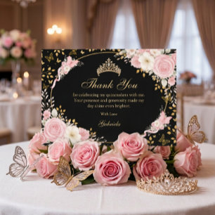 Zwart en gouden blos roze Quinceañera vlinder Bedankkaart
