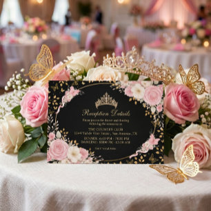 Zwart en gouden blos roze Quinceañera vlinder Informatiekaartje