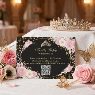 Zwart en gouden blos roze Quinceañera vlinder RSVP Kaartje