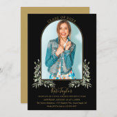 Zwart en gouden boog blad foto afstudeerfeest kaart (Voorkant / Achterkant)
