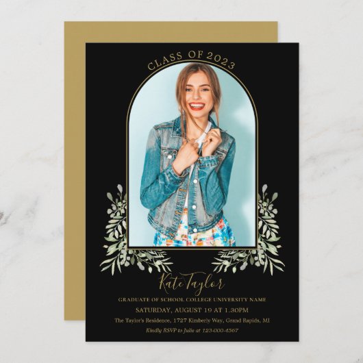 Zwart en gouden boog blad foto afstudeerfeest kaart (Voorkant / Achterkant)