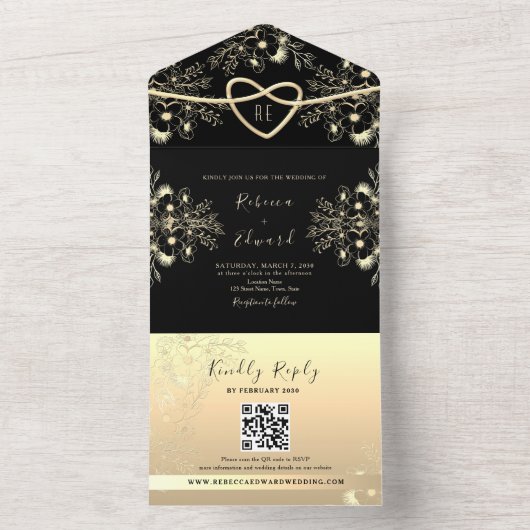  zwart en gouden bruiloft all in one uitnodiging (Binnen)