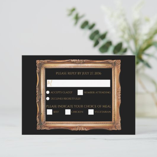  zwart en gouden bruiloft RSVP kaartje (Staand voorkant)