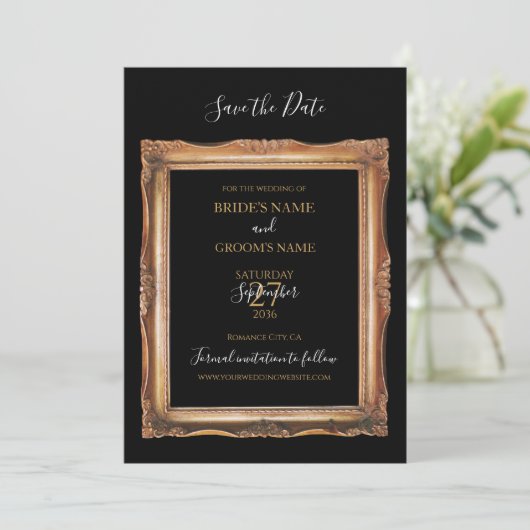  zwart en gouden bruiloft save the date (Staand voorkant)