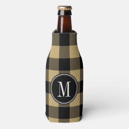 Zwart en Gouden Buffelruit Monogram Flesjeskoeler (Fles Voorkant)