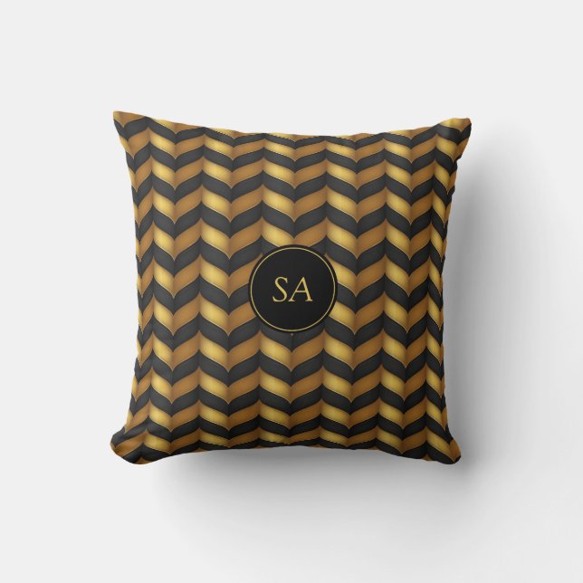 Zwart en gouden chevron met aangepast monogram kussen (Voorkant)