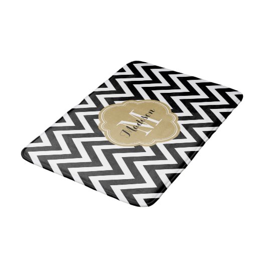 Zwart en Gouden Chevron Monogram Badmat (Gekanteld)