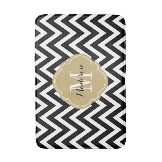 Zwart en Gouden Chevron Monogram Badmat (Voorkant Verticaal)