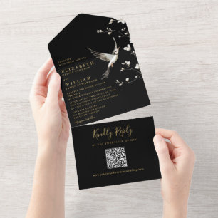 Zwart en gouden chinoiserie bloem QR-code bruiloft All In One Uitnodiging