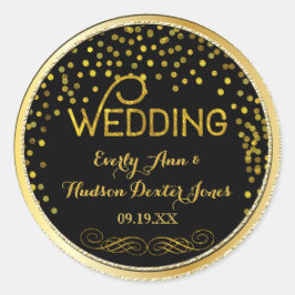 Zwart en gouden Confetti Moderne bruiloft Ronde Sticker