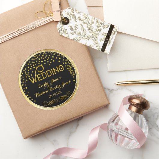 Zwart en gouden Confetti Moderne bruiloft Ronde Sticker (Geschenken)