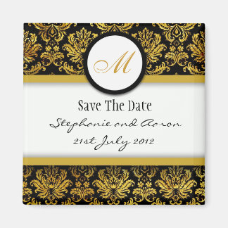 Zwart en gouden Damask Monogram opslaan Datum Magneet