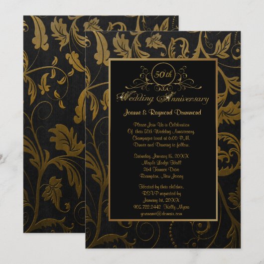 Zwart en gouden damast 50ste huwelijksjubileum kaart (Voorkant / Achterkant)