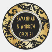 Zwart en gouden damast trouwsticker ronde sticker (Voorkant)