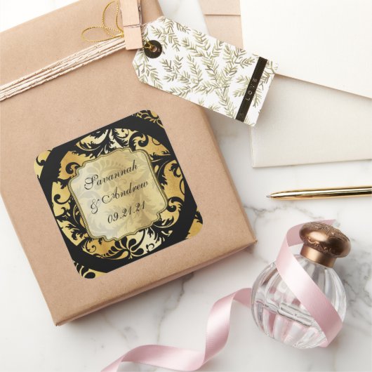 Zwart en gouden damast trouwsticker vierkante sticker (Geschenken)