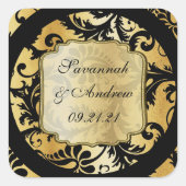 Zwart en gouden damast trouwsticker vierkante sticker (Voorkant)