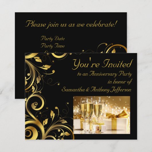 Zwart en gouden draaikolk, aangepast jubileumfeest kaart (Voorkant / Achterkant)