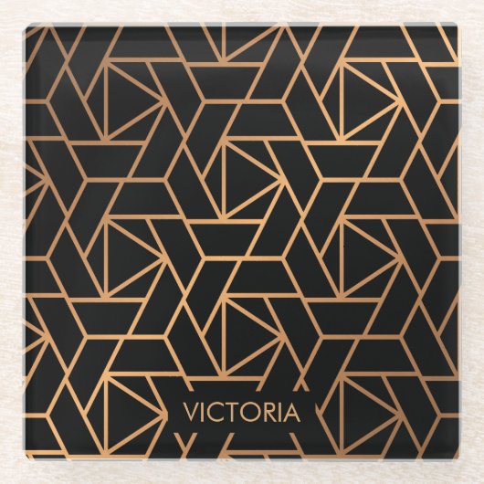 Zwart en gouden elegant patroon glazen onderzetter (Voorkant)
