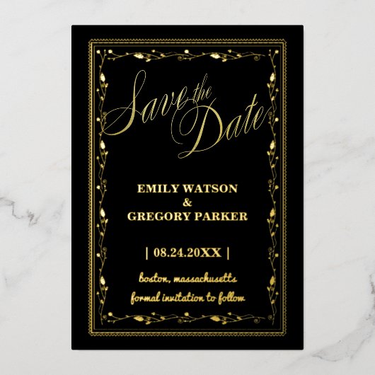 Zwart en gouden elegantie, kunstlijst folie uitnodiging (Voorkant)