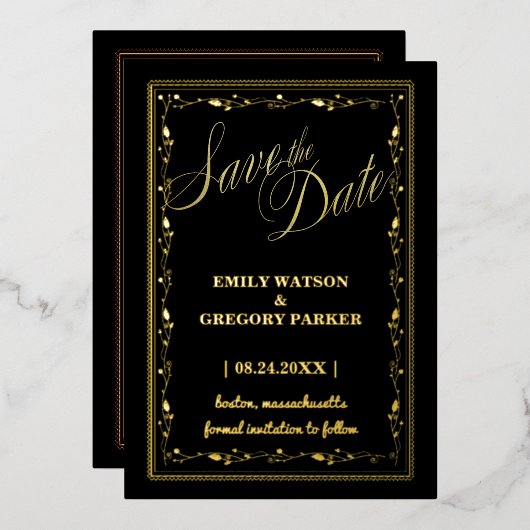 Zwart en gouden elegantie, kunstlijst folie uitnodiging (Voorkant / Achterkant)