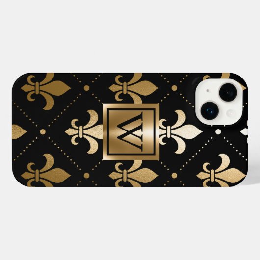 Zwart en Gouden Fleur-de-lis iPhone Hoesje (Achterkant horizontaal)