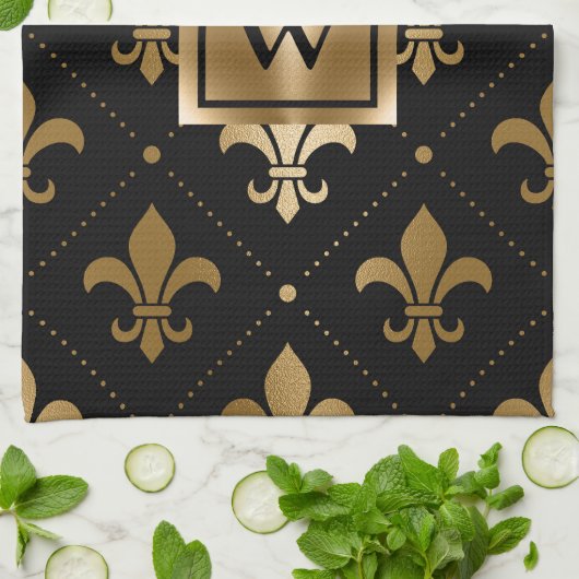 Zwart en Gouden Fleur-de-lis Theedoek (Gevouwen)