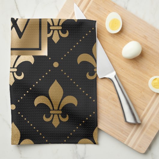 Zwart en Gouden Fleur-de-lis Theedoek (Quarter Fold)