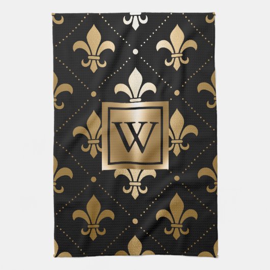 Zwart en Gouden Fleur-de-lis Theedoek (Verticaal)