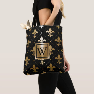 Zwart en Gouden Fleur-de-lis Tote Bag