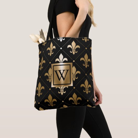 Zwart en Gouden Fleur-de-lis Tote Bag (Dichtbij)