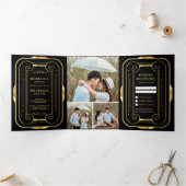 Zwart en Gouden Folie Art Deco Fotocollage Trouwen Drieluik Uitnodiging (Binnen)