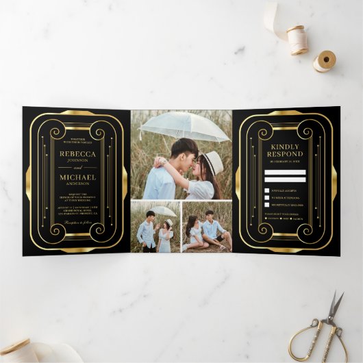 Zwart en Gouden Folie Art Deco Fotocollage Trouwen Drieluik Uitnodiging (Binnen)