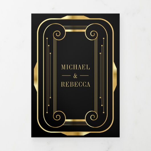 Zwart en Gouden Folie Art Deco Fotocollage Trouwen Drieluik Uitnodiging (Cover)