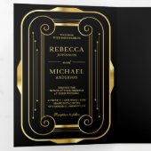 Zwart en Gouden Folie Art Deco Fotocollage Trouwen Drieluik Uitnodiging (Binnenzijde eerst)