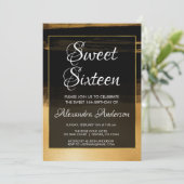 Zwart en Gouden Folie Borstel Stroke Sweet 16 Verj Kaart (Staand voorkant)