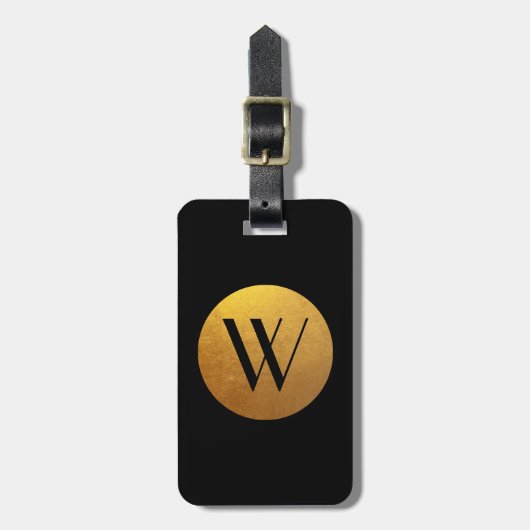 Zwart en gouden folie-effect cirkelmonogram bagagelabel (Voorkant verticaal)