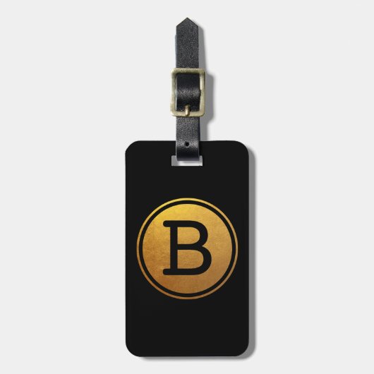Zwart en gouden folie-effect cirkelmonogram bagagelabel (Voorkant verticaal)