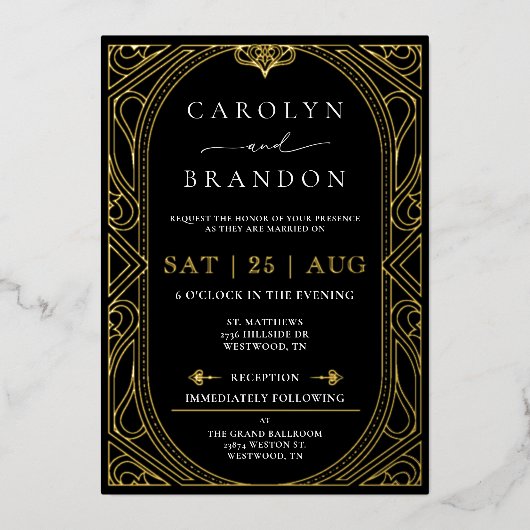 Zwart en Gouden Folie Elegante Art Deco bruiloft Folie Uitnodiging (Voorkant)