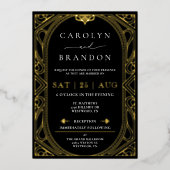 Zwart en Gouden Folie Elegante Art Deco bruiloft Uitnodiging (Voorkant)