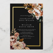 Zwart en Gouden Folie Elegante Bloemen Bruiloft Folie Uitnodiging (Voorkant)