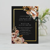 Zwart en Gouden Folie Elegante Bloemen Bruiloft Folie Uitnodiging (Staand Voorkant)