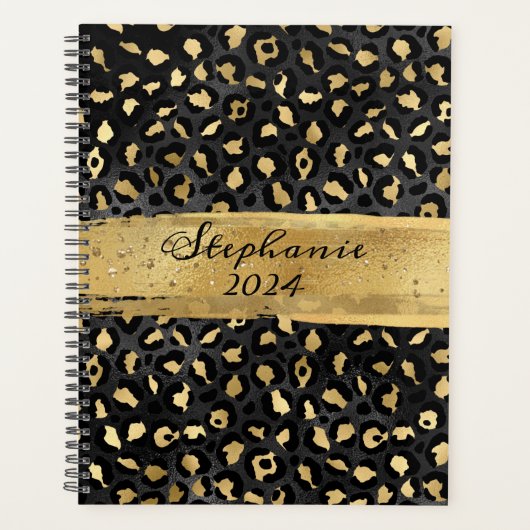 Zwart en Gouden Folie Luipaard Brush Stroke Planner (Voorkant)